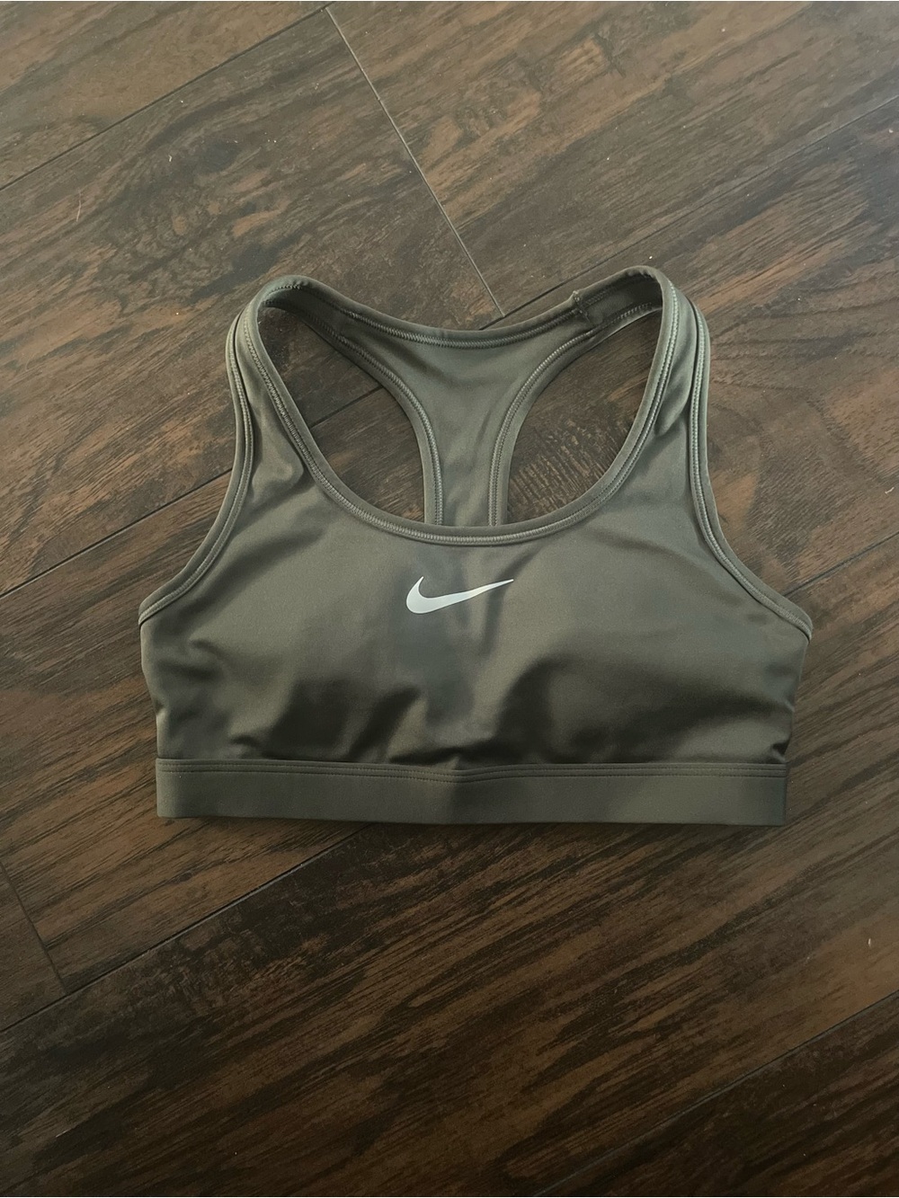 Nike Women's Olive Green Racerback Sports Bra with White Swoosh